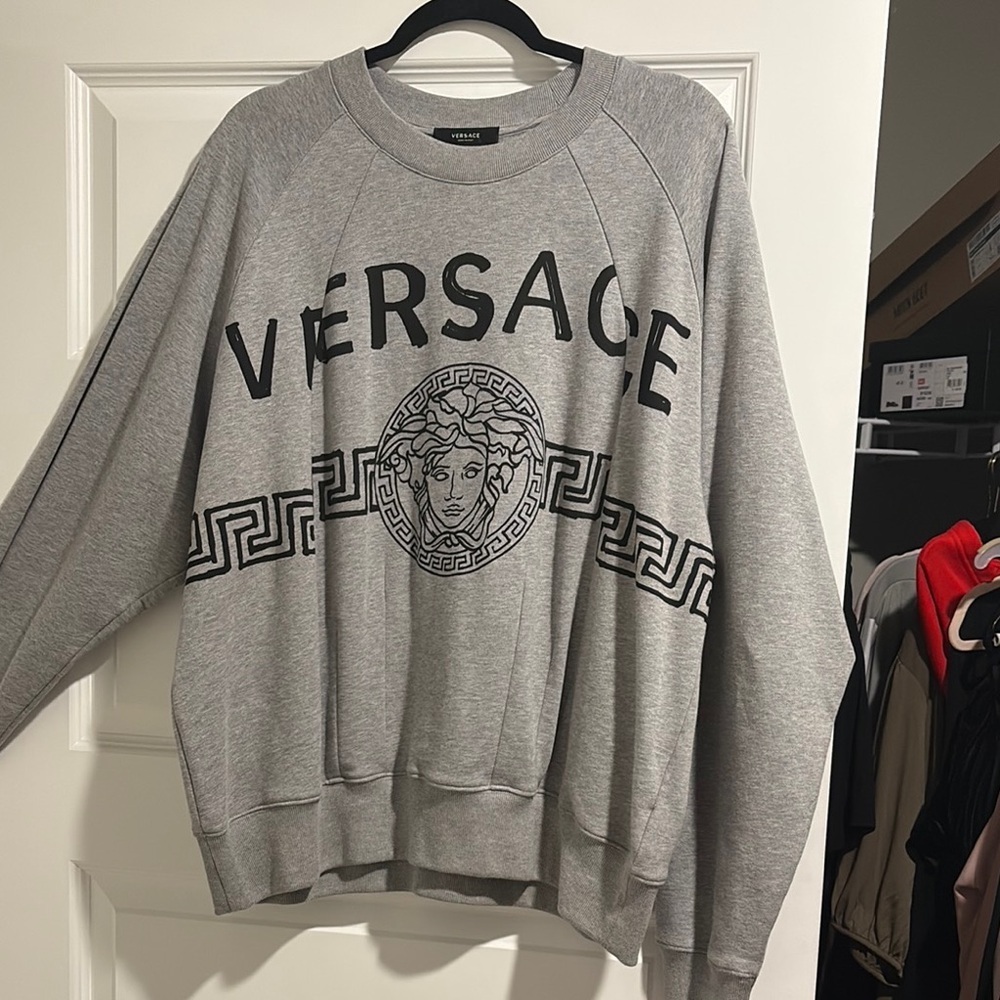 Versace Gray Crewneck Sweater with Greek Key Pattern - Picture 2 of 8
